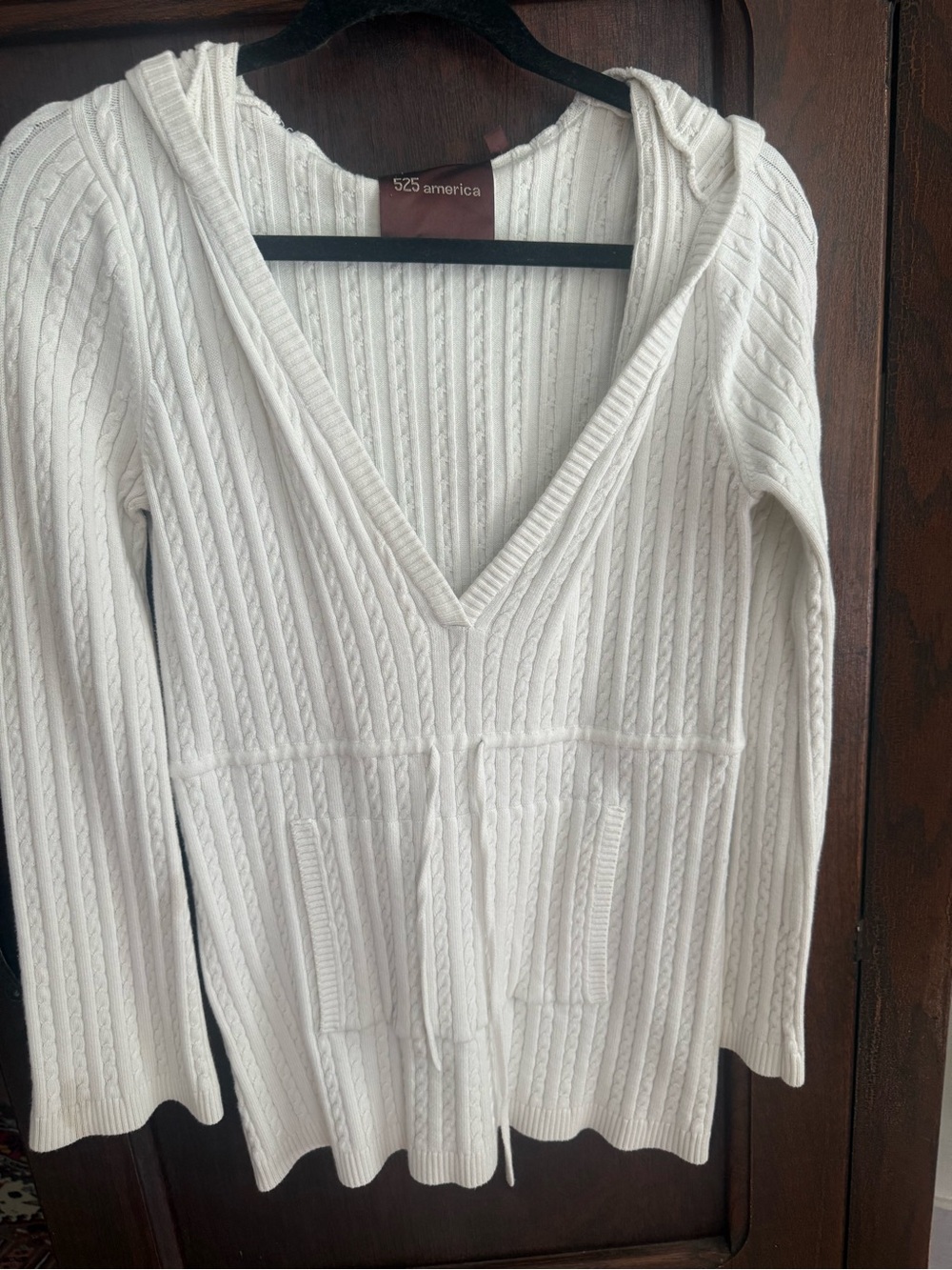 525 America Women's Cream Cable-Knit V-Neck Hoodie Sweater - S
